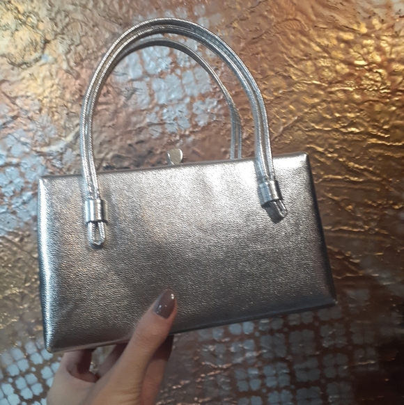 Vintage 1960s Leather And Satin Metallic Silver Bix Bag - Picture 15 of 16